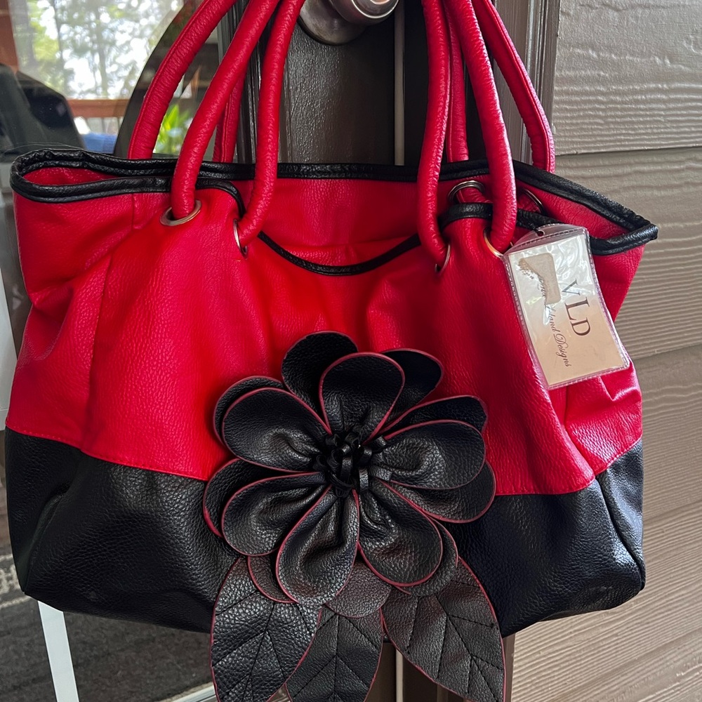 Red and Black Shoulder Bag with Flower Embellishment